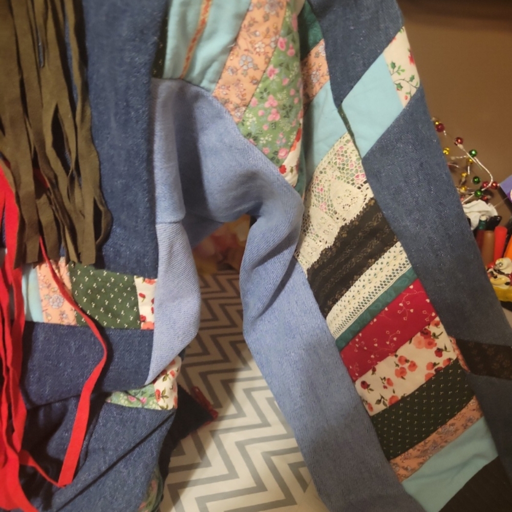 Patchwork Denim Jacket With Red Accents - image 3